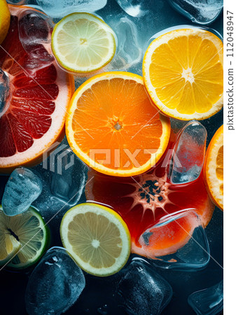 Citrous fruit slice on ice cubes. Background, banner image. Generative Ai 112048947