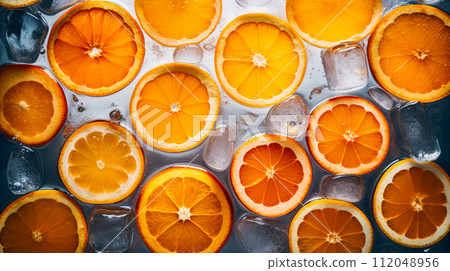 Orange slices on a frozen surface surrounded by ice cubes. Background, banner image. Generative Ai 112048956