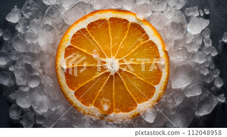Orange slice on a frozen surface surrounded by ice cubes. Background, banner image. Generative Ai 112048958