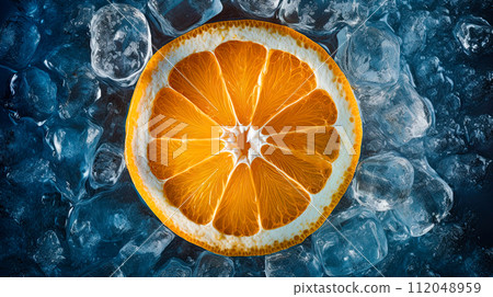 Orange slice on a frozen surface surrounded by ice cubes. Background, banner image. Generative Ai 112048959