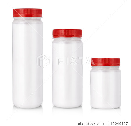 Set of white jars with colored cap without label isolated on a white background Set of white jars with colored cap without label isolated on a white background 112049127