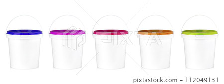 Set of White plastic buckets with colored lid isolated on a white background. 112049131