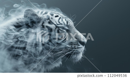 AI-generated content. Close Up Beautiful White Tiger with Floating Smoke Effect 112049536