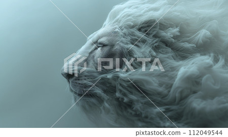 AI-generated content. Close Up Beautiful White Lion with Floating Smoke Effect AI-generated content. Close Up Beautiful White Lion with Floating Smoke Effect 112049544