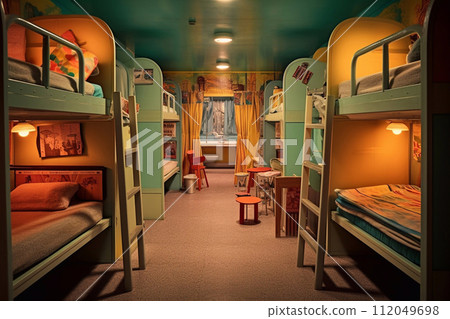 A room in a dormitory. Bunk beds. Hostel room. Cheap housing. 112049698