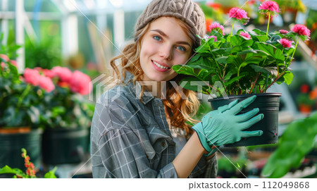 Young woman gardening in greenhouse.She selecting flowers. 112049868