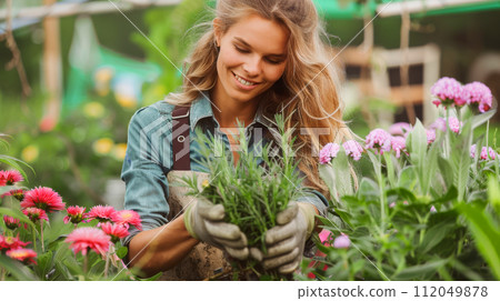 Young woman gardening in greenhouse.She selecting flowers. 112049878