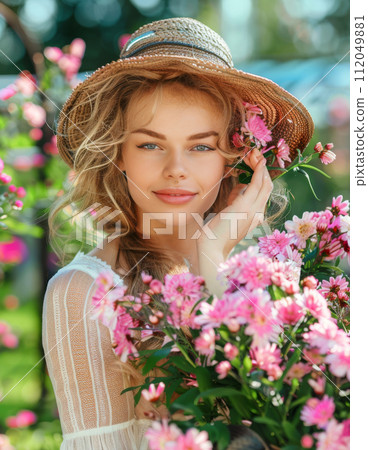 Young woman gardening in greenhouse.She selecting flowers. 112049881