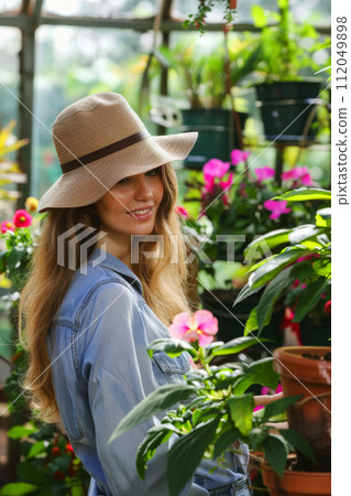 Young woman working  in greenhouse. She selecting garden flowers 112049898