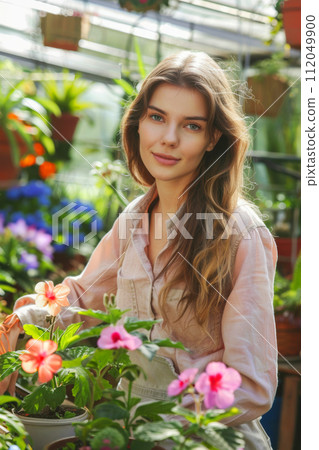 Young woman working  in greenhouse. She selecting garden flowers 112049900