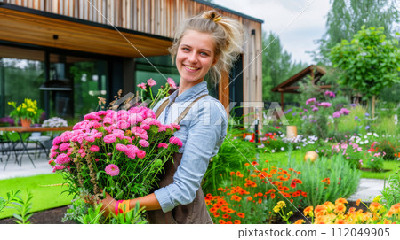 Young woman gardening in greenhouse.She selecting flowers. 112049905