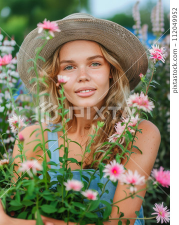 Young woman gardening in greenhouse.She selecting flowers. Young woman gardening in greenhouse.She selecting flowers. 112049952