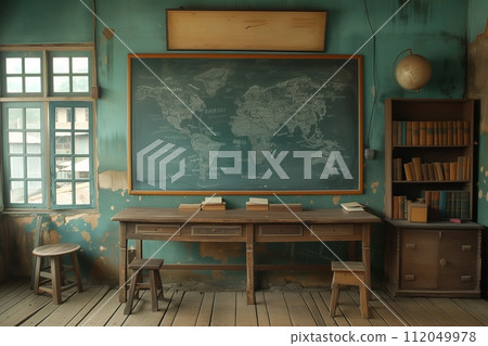 An empty school classroom in retro style with a blackboard 112049978