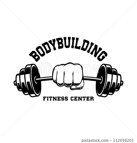 Bodybuilding. Emblem template with hand with barbell. Design element for logo, label, sign, poster, t shirt. Vector illustration 112050201