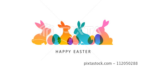 Modern colorful Easter bunnies concept design. Happy Easter background with rabbits and Easter eggs 112050288