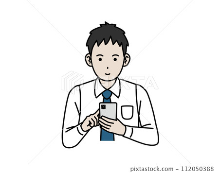 Illustration of a young male office worker operating a smartphone 112050388