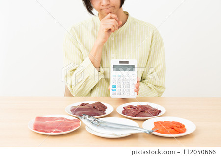 A middle-aged woman worries about food containing a lot of B vitamins and a calculator. 112050666