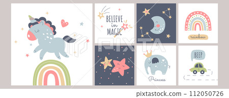Cute boho baby posters with rainbow, moon, stars, unicorn in Scandinavian style Cute boho baby posters with rainbow, moon, stars, unicorn in Scandinavian style 112050726