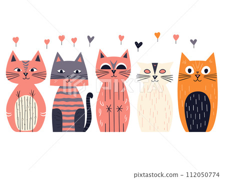 image row colorful cartoon cats decorative patterns vector illustration 112050774