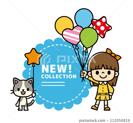 女孩和貓拿著彩色氣球的插圖 女孩和貓拿著彩色氣球的插圖 112050819