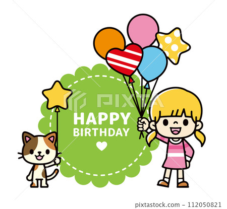 Illustration of a girl and cat holding many balloons Illustration of a girl and cat holding many balloons 112050821