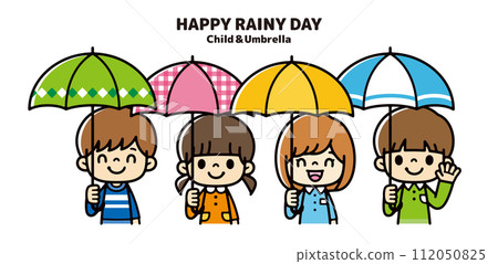 Illustration of kindergarten children smiling and holding umbrellas 112050825