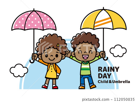 Illustration of black children cheerfully holding umbrellas 112050835