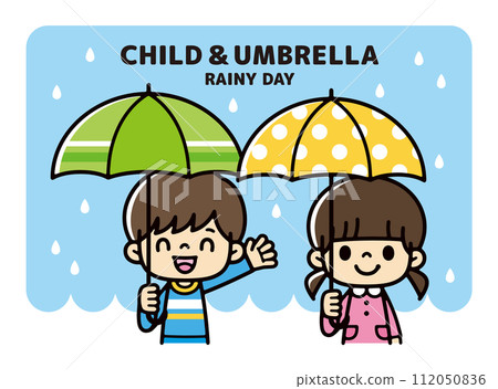 Illustration of a boy and a girl holding colorful umbrellas 112050836