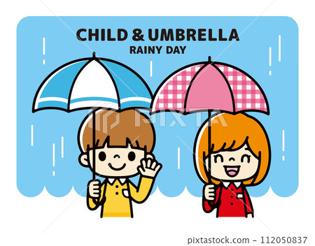Illustration of children holding colorful umbrellas on a rainy day 112050837