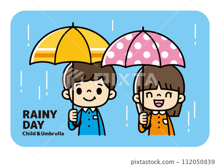Illustration of a boy and a girl holding colorful umbrellas 112050839