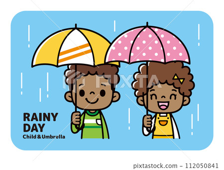Illustration of a black boy and girl holding an umbrella on a rainy day 112050841