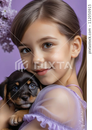 Tender moment as a little girl hugs a small brown puppy with care and affection on a Spring park background. 112050915