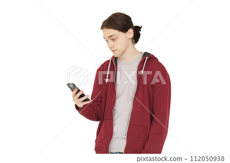 Guy with smartphone on white background 112050938