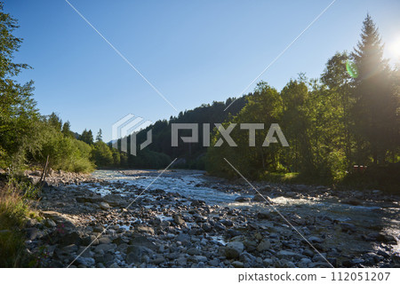 Alpine Oasis: A Mountain River's Journey through Rocky Shores and Forests. Alpine River, Rocky Shores, and Towering Forests. Nature, Mountain River, Spruce Forests, and Alpine Wilderness. Eco 112051207