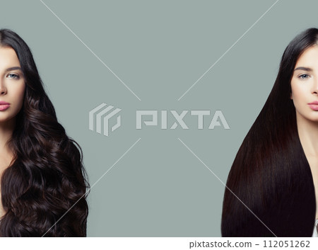 Woman head with wavy and straight hair. Healthy hair styling and hair care concept Woman head with wavy and straight hair. Healthy hair styling and hair care concept 112051262