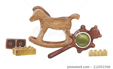 Wooden Baby Toys Watercolor illustration. Hand drawn on white isolated background. Painting of kids rocking horse and rattle. Drawing of constructor. For vintage cards and prints 112051500