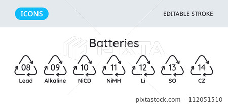 Batteries recycling codes icons. Triangular environmental symbols of materials. Set of elements on a white background. Editable stroke. Batteries recycling codes icons. Triangular environmental symbols of materials. Set of elements on a white background. Editable stroke. 112051510