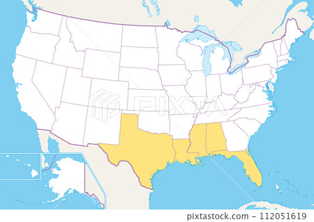 Gulf States of the United States, Gulf South or South Coast, political map. Coastline along the Southern United States at the Gulf of Mexico. Texas, Louisiana, Mississippi, Alabama and Florida. Vector 112051619