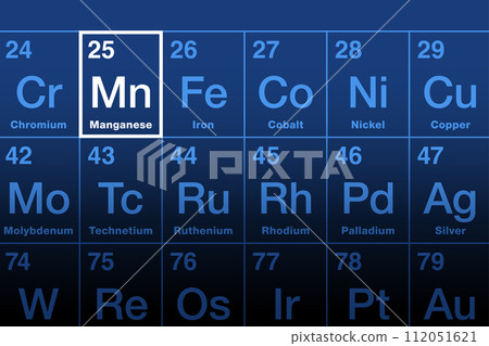 Manganese element on the periodic table. Transition metal and chemical element with symbol Mn and atomic number 25. Used for steel production. Essential human dietary element and micronutrient. Vector 112051621