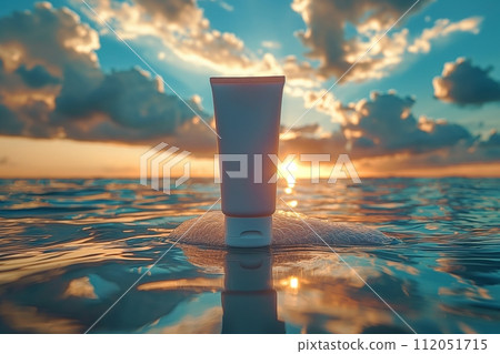Sunscreen lotion tube on a sandy beach with sunrise and ocean backdrop, summer skincare 112051715