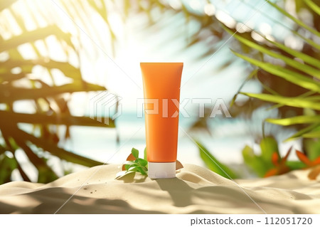 Sunscreen tube on tropical beach sand, framed by palm leaves with a turquoise sea backdrop 112051720