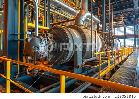 Industrial machinery with an array of steel pipes, cables, and valves in a manufacturing setting 112051819