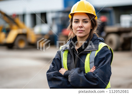 professional female construction worker in hardhat and vest professional female construction worker in hardhat and vest 112052081