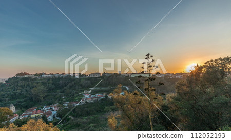 Panorama showing sunset over the Castle of Almourol on hill in Santarem aerial timelapse. Portugal 112052193