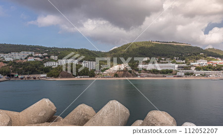 Panorama showing view of Sesimbra Town and Port timelapse, Portugal. 112052207