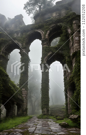 Mist-Clad Ruins. The remnants of an ancient castle, shrouded in mist. 112052208