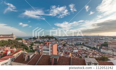 Panorama showing Lisbon famous aerial view from Miradouro da Senhora do Monte tourist viewpoint timelapse 112052242