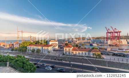 Panorama showing aerial view of the port of the city of Lisbon timelapse with the 25 of April Bridge on the background. Panorama showing aerial view of the port of the city of Lisbon timelapse with the 25 of April Bridge on the background. 112052245