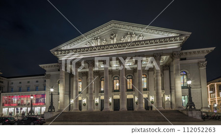 Munich National Theatre on the Max Joseph square night timelapse hyperlapse. Germany 112052263