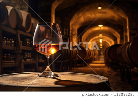 whiskey or cognac in snifter glass on old wooden barrel in cellar whiskey or cognac in snifter glass on old wooden barrel in cellar 112052283